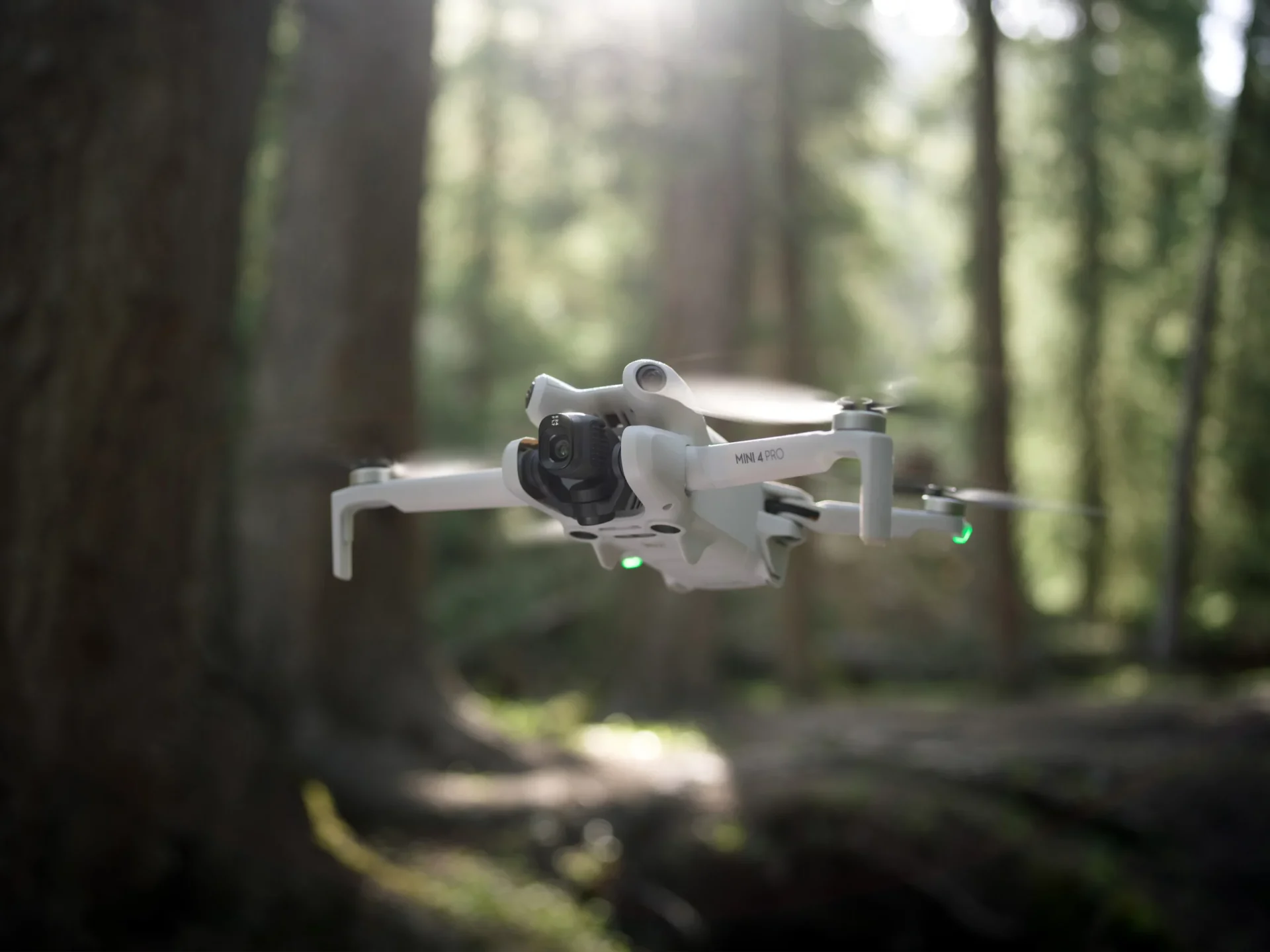 DJI Mini 4 Pro en pleno vuelo dentro de un bosque con luz natural suave