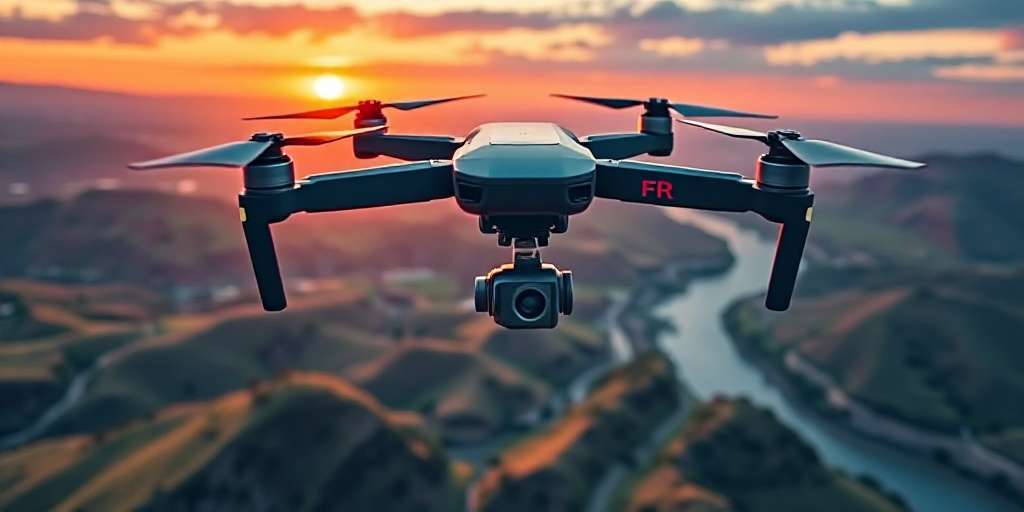 Drone volando al atardecer sobre un paisaje de colinas y río serpenteante