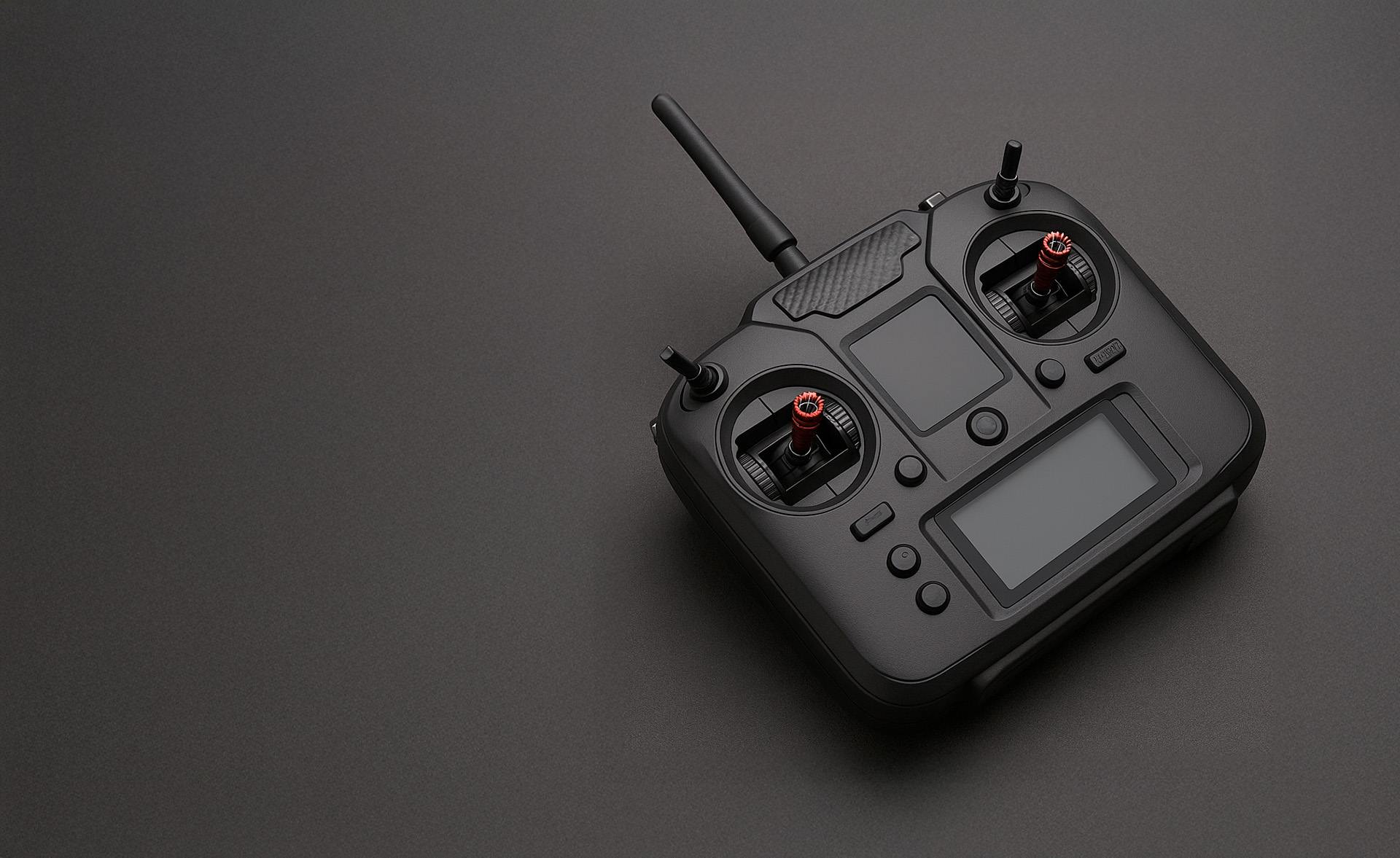 Emisora moderna para dron con joysticks simétricos, pantalla LCD y diseño ergonómico en negro mate.