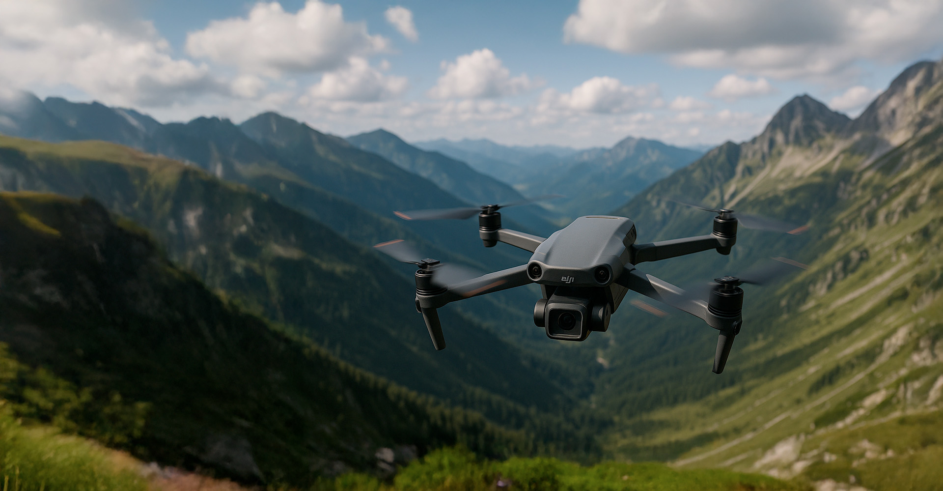 Drone DJI volando sobre un paisaje montañoso con cielo parcialmente nublado